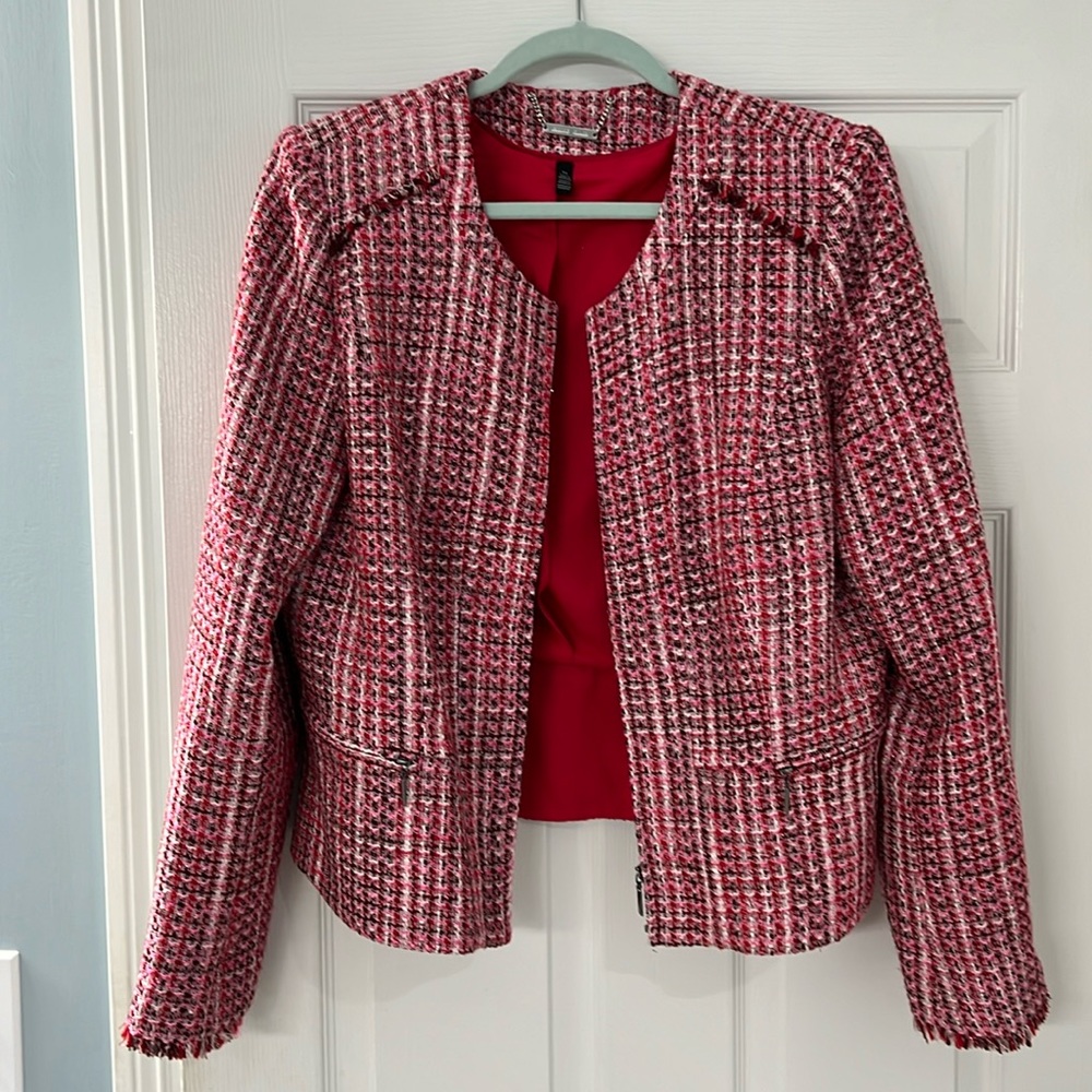White House Black Market pink, white and black jacket, size 14,